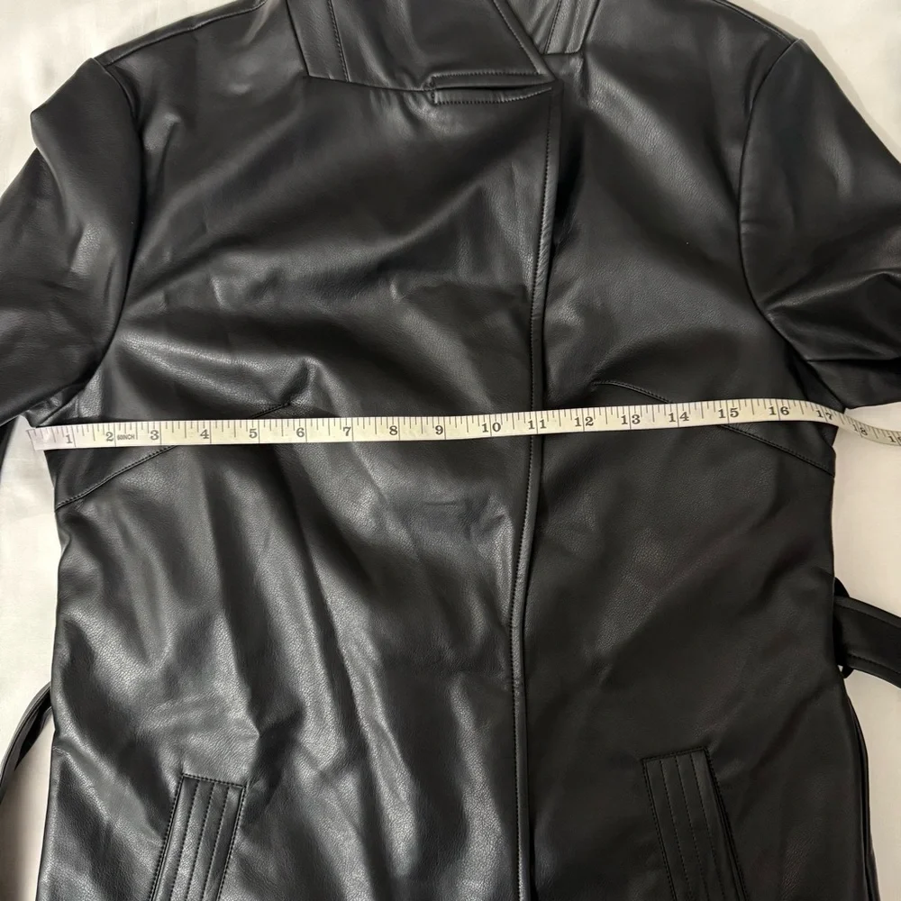 Black faux leather lapel collar belted open front trench coat - Picture 10 of 15